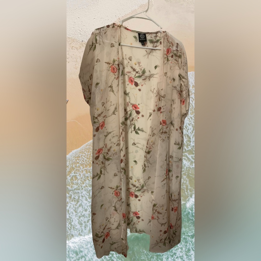 Bobeau Sheer Floral Kimono Duster - Cream, Rose & Green